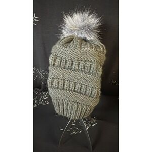 Unbranded Grey Cable Knit Beanie with Grey Faux Fur Pom Pom Slouchy Hat